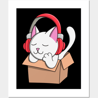 Headphone Cat in Box Posters and Art
